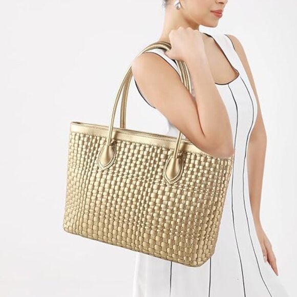 Neiman Marcus Handbags - Neiman Marcus Handwoven Vegan Leather Shoulder Tote Bag